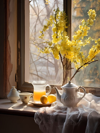 Still life with yellow flowers and a cup of tea on the windowsillの素材