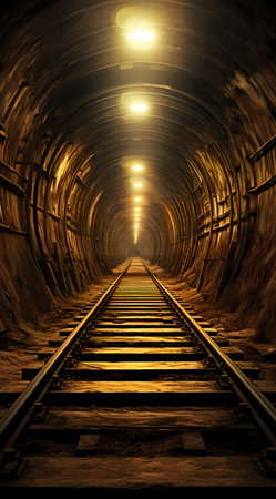 Railway tracks in a tunnel, 3d render toned imageの素材