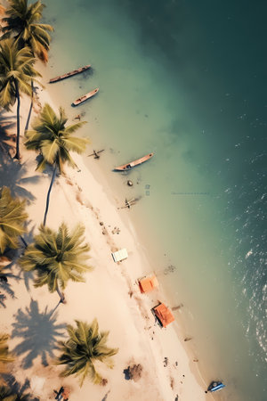 Aerial view of beautiful tropical beach and sea with coconut palm tree - Vintage Filterの素材