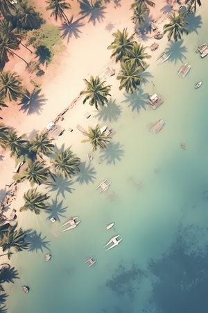 Aerial view of beautiful tropical beach with palm trees and boat - Vintage Filterの素材