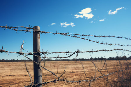 Barbed wire fence on a field with blue sky in the backgroundの素材