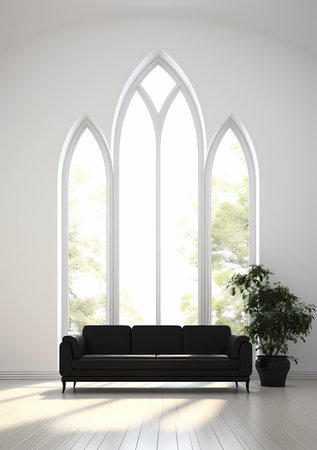 interior with black sofa and window, 3d render, illustrationの素材