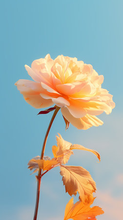 Close up of rose flower on blue sky background with copy space.の素材