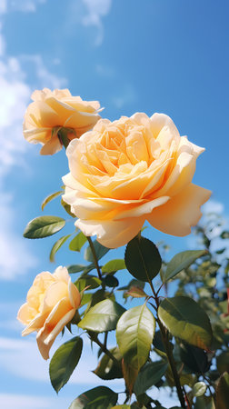 Beautiful yellow rose on blue sky background, close-up.の素材
