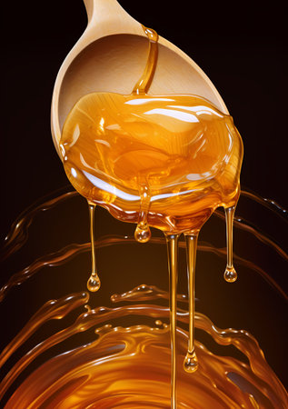 Honey dripping from a wooden spoon on a black background. 3d renderingの素材
