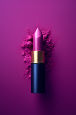 Cosmetic branding, sale and glamor concept - Purple lipstick on purple powder background, make-up and cosmetics product for luxury beauty brand, holiday banner designの素材