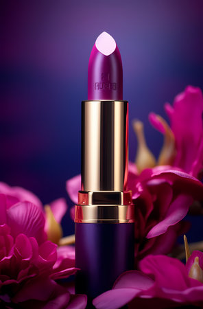 Lipstick on a purple background with pink flower petals.の素材