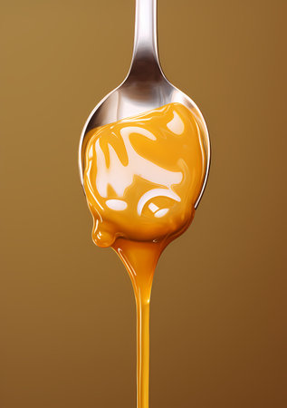 Honey dripping from a spoon on a golden background. 3d renderingの素材