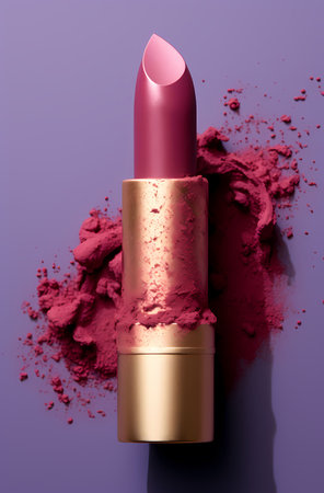 Lipstick and crushed pink powder on purple background, closeupの素材