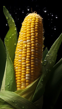 Fresh corn on the cob with drops of water on a black backgroundの素材