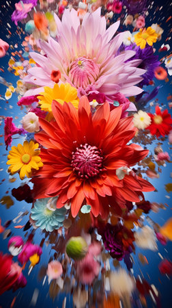 Colorful chrysanthemum flowers on a dark blue backgroundの素材