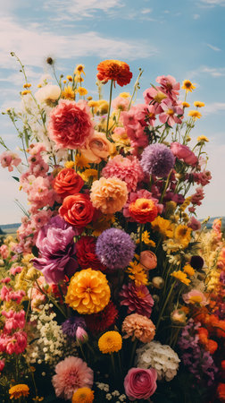 Colorful bouquet of flowers on a background of the blue skyの素材