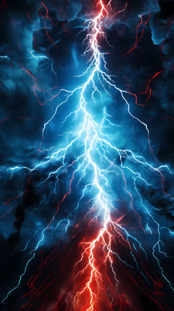 Powerful lightning on a dark background. 3D rendering. Computer digital drawing.の素材