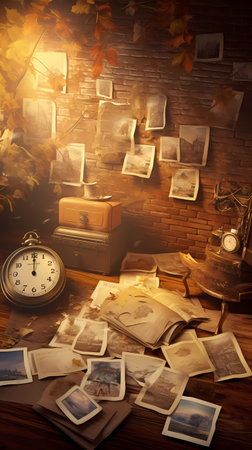 Vintage still life with old photos and alarm clock on wooden tableの素材