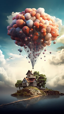 House on the island in the sea and balloons flying in the skyの素材