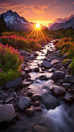 Sunset in the mountains with a stream in the foreground and flowers in the foregroundの素材