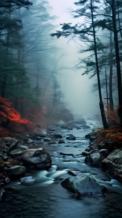 Mountain stream in the foggy forest. Long exposure photo.の素材