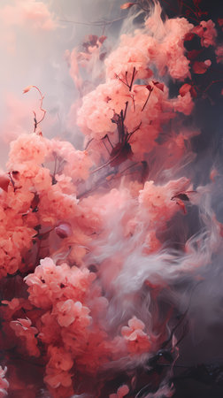 Beautiful pink cherry blossom flowers on a dark background with smokeの素材