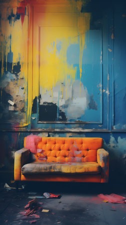 Vintage orange sofa with yellow wall and blue door in the backgroundの素材