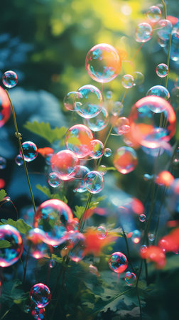 Soap bubbles in the garden. Soft focus, shallow DOF.の素材