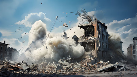 Conceptual image of a destroyed building in the city. Mixed mediaの素材