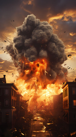 Big fire in the city at night. 3D illustration. Conceptual image.の素材