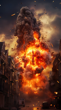 Burning fire in the city at night, 3d illustration.の素材