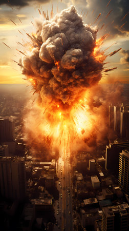 Image of a big explosion with smoke rising over the city at sunsetの素材