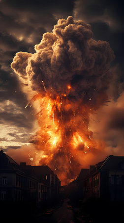 Big explosion in the city at night. Conceptual image of disasterの素材