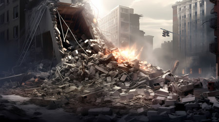 Conceptual image of a destroyed building with a large pile of rubbleの素材
