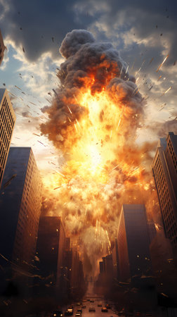 Conceptual image of a big fire explosion in the city.の素材