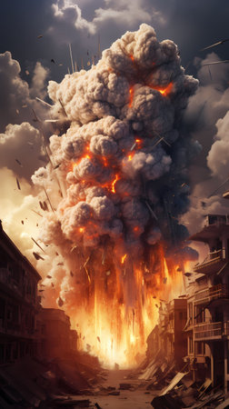 Conceptual image of a huge explosion in a city, 3d illustrationの素材