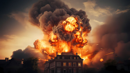 Image of big fire against the background of an old house in the cityの素材