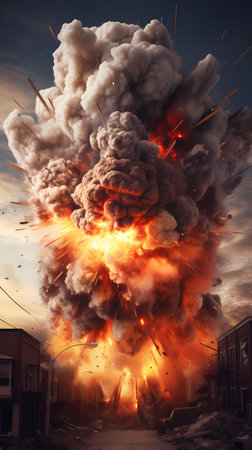3D illustration of a large explosion with smoke in the sky.の素材