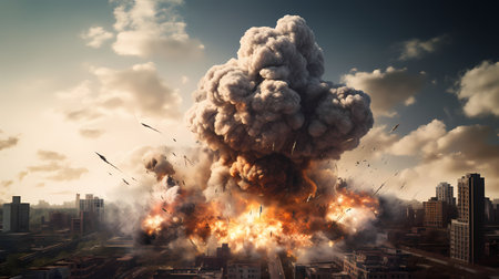 Big explosion with smoke and fire in the city. 3d renderingの素材