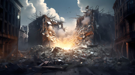 Conceptual image of a destroyed building with a big explosion.の素材