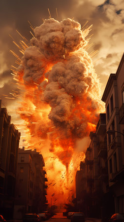 Flames from a fire in the city at sunset. Conceptual imageの素材