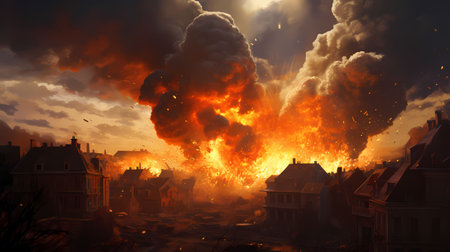 3D illustration of a large fire in the city at night.の素材