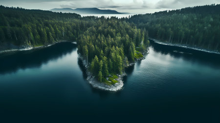 Aerial view of a lake in the middle of the forest.の素材