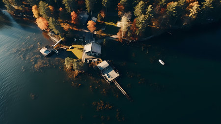 Aerial view of a small wooden house in the middle of the lakeの素材