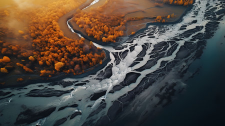 Aerial view of autumn forest and river. 3d render illustrationの素材