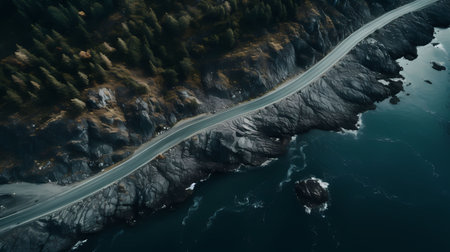 Aerial view of a road in the Pacific Ocean from a droneの素材