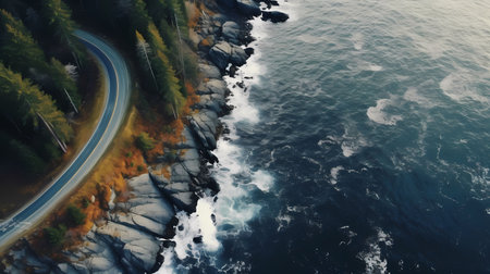Aerial view of the sea and the road in the mountains.の素材