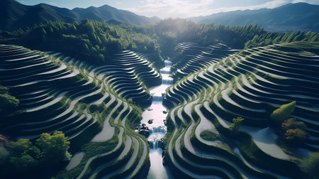 Rice terraces in the mountains,3d rendering. Computer digital drawing.の素材