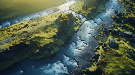Icelandic landscape with river and blue water. 3d renderingの素材