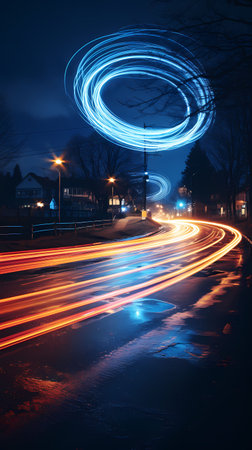 abstract light trails on the street at night, long exposure photoの素材