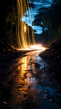 Fantastic light show in the jungle. Long exposure photo.の素材
