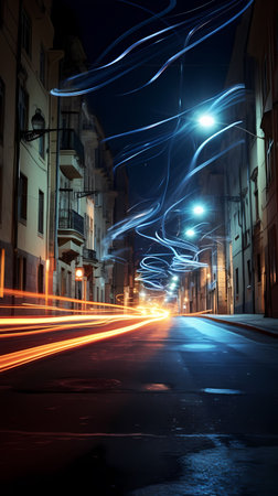 Car light trails on the street at night in Lisbon, Portugal.の素材