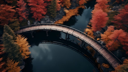 3d render of a bridge over a lake in the autumn forestの素材