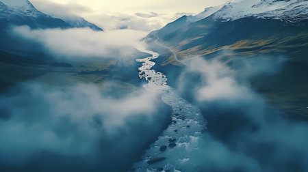 Beautiful mountain landscape with glacier in the clouds. 3d renderingの素材